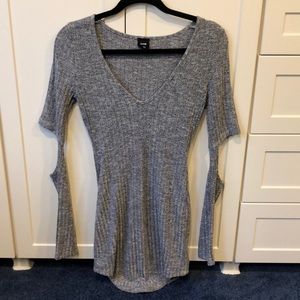 Grey V-Neck Rib Knit Dress with Cut-Out Elbows